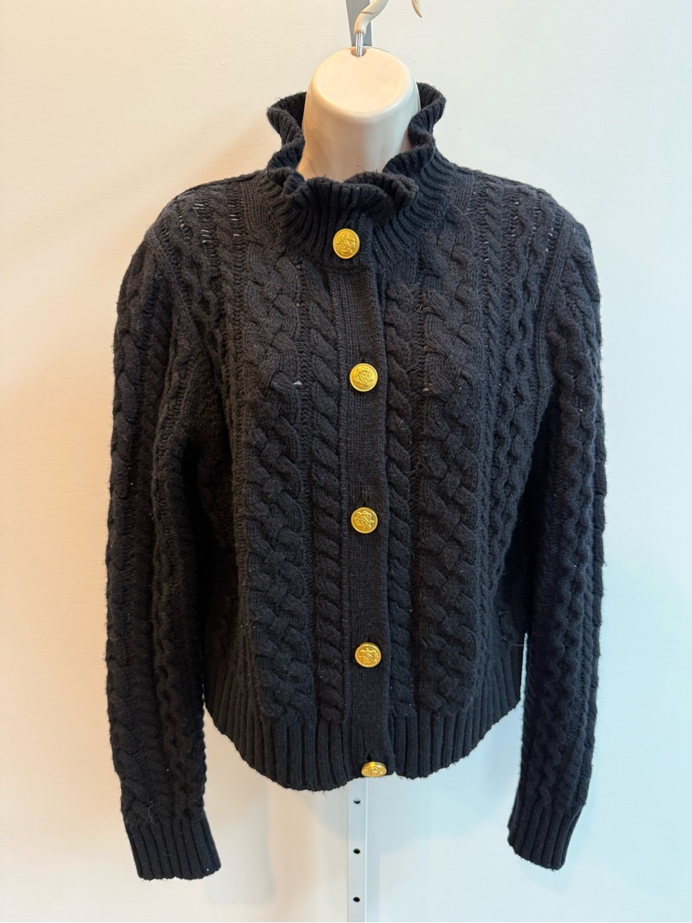 J. Crew Black Cable-Knit Cardigan with Gold Buttons Pointelle Knit Size L